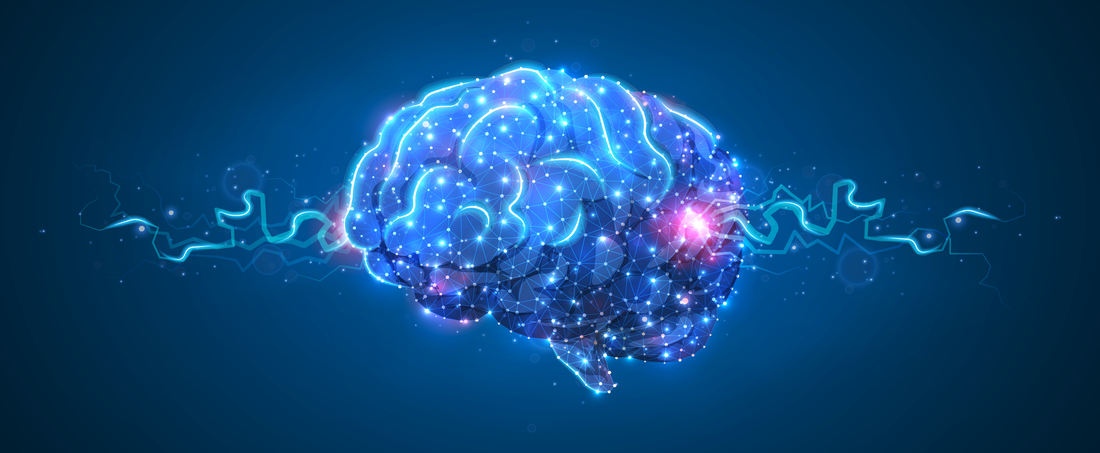 Illustration of a brain with glowing blue and pink neural pathways symbolizing the effects of red light therapy on brain health.