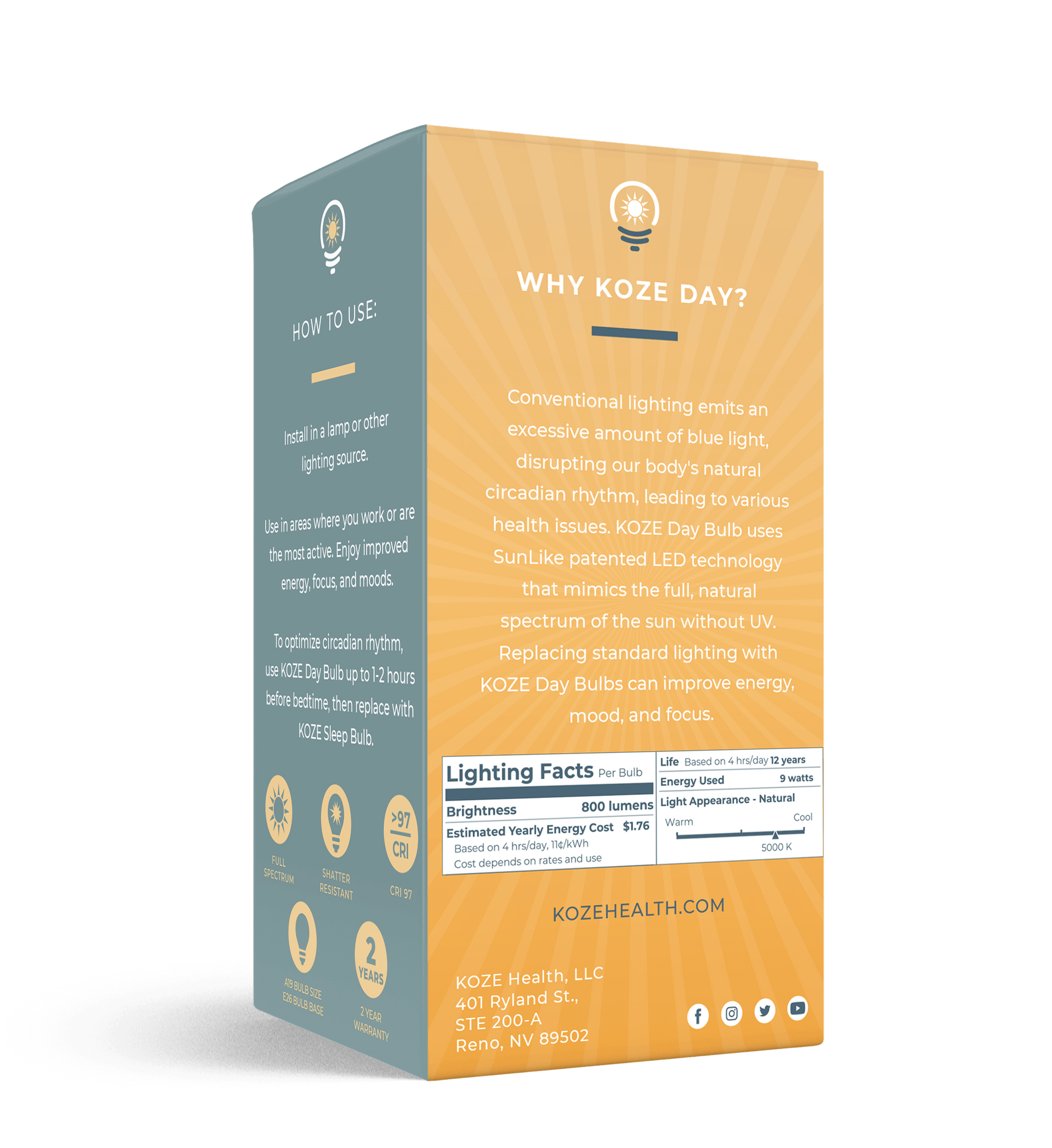 KOZE Full Spectrum LED Bulb packaging highlighting dimmable SunLike technology for natural light without UV.