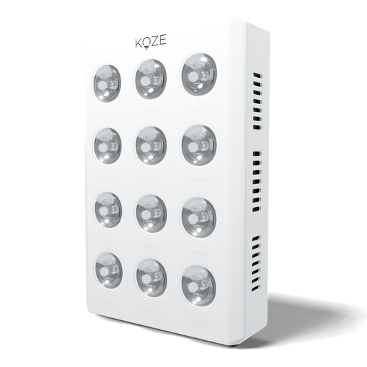 KOZE Mini handheld red light therapy device for skin health and pain management, comes with protective travel case.
