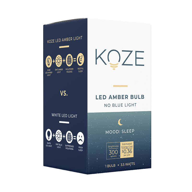 KOZE LED Amber Sleep Bulb packaging, promoting melatonin production and better sleep with NASA-studied technology.