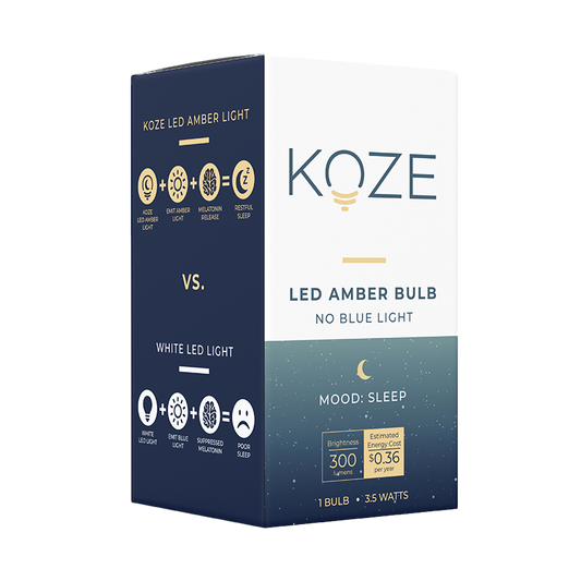 KOZE LED Amber Sleep Bulb packaging, promoting melatonin production and better sleep with NASA-studied technology.