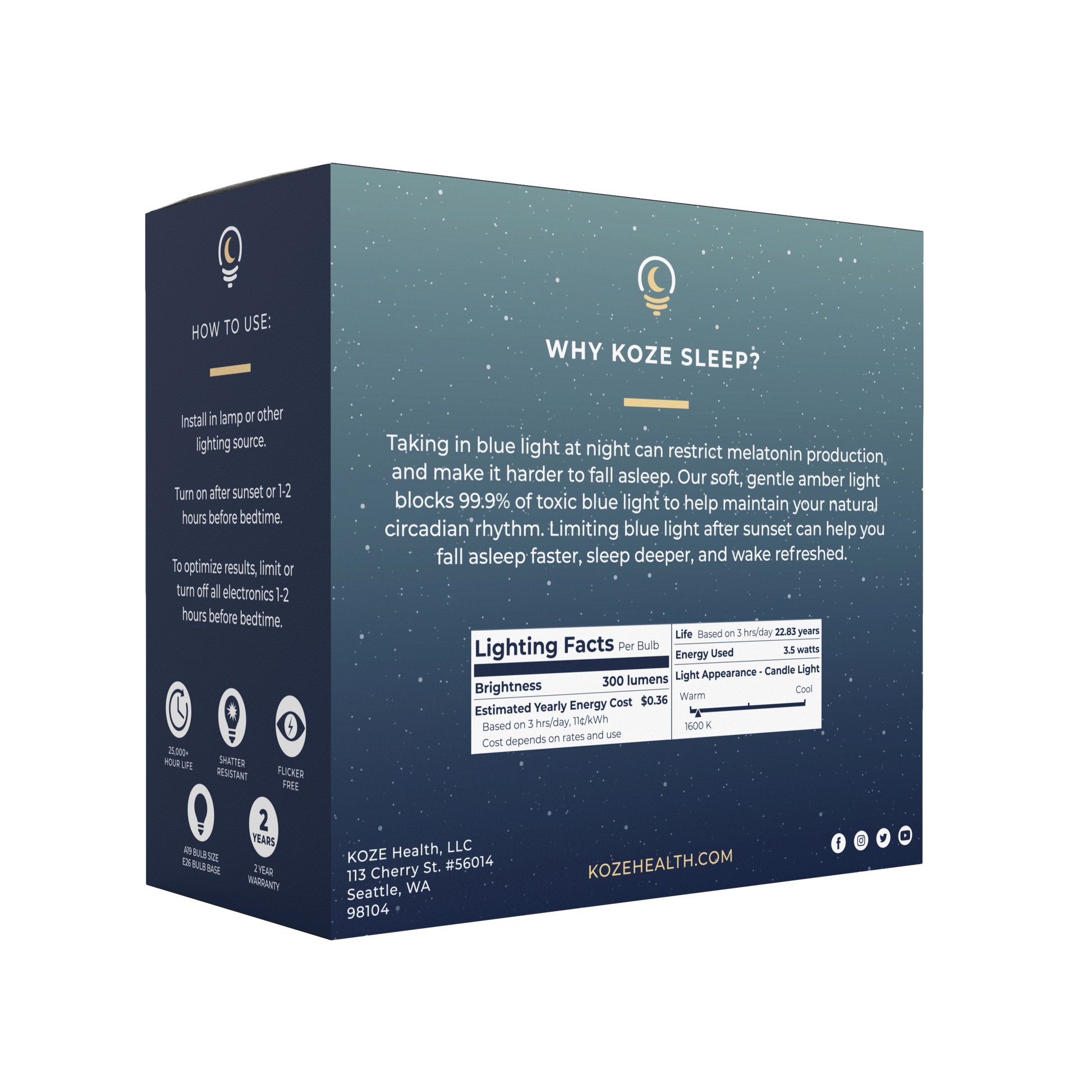 KOZE LED Amber Sleep Bulb packaging, promoting melatonin production and better sleep with NASA-studied technology.