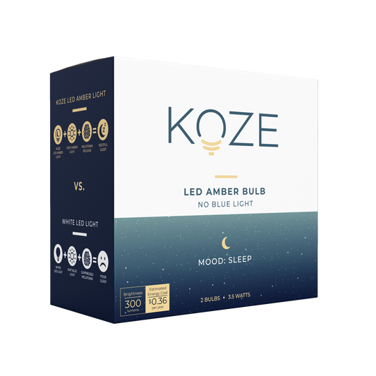 KOZE LED Amber Sleep Bulb packaging, promoting melatonin production and better sleep with NASA-studied technology.