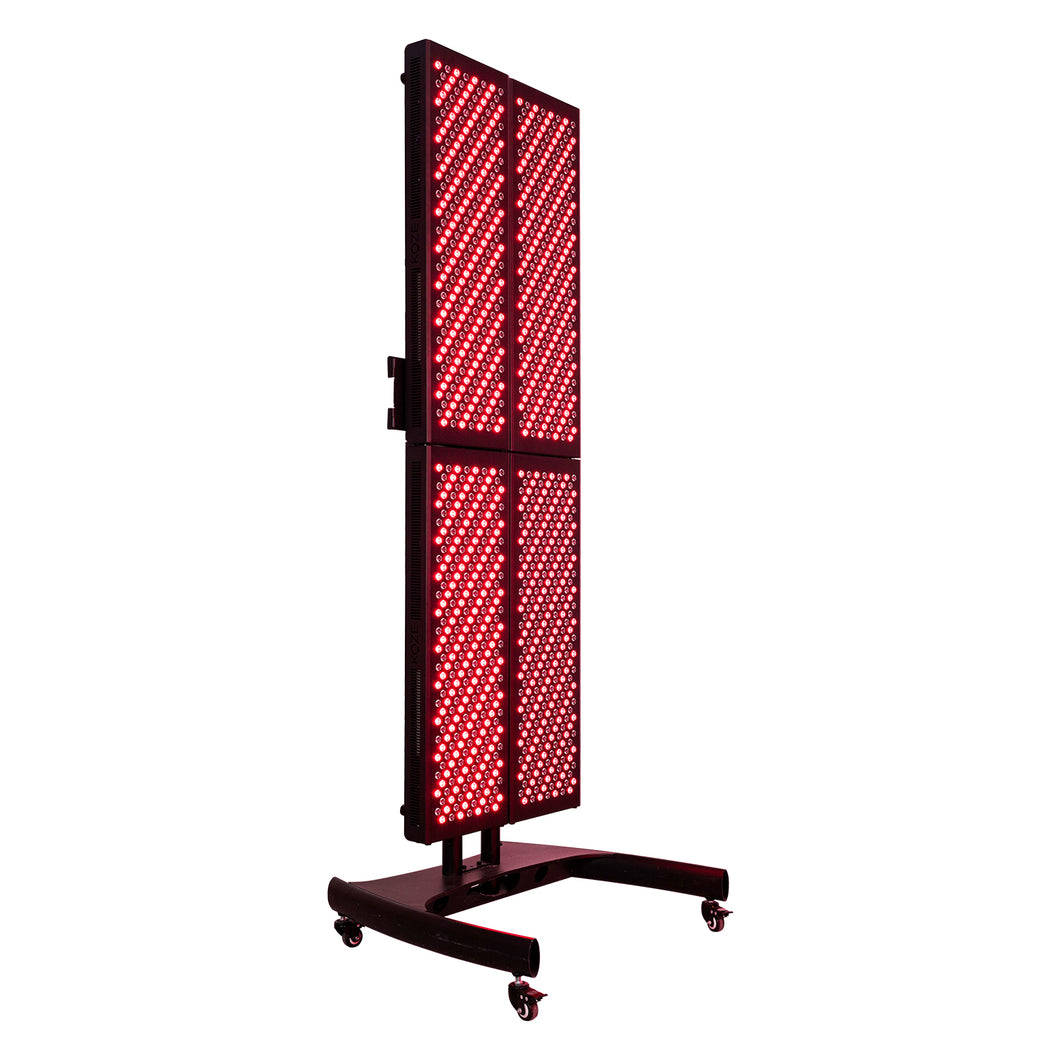 KOZE X Series vertical four-panel Red and Near-infrared Light Therapy unit on black stand, 1500W for comprehensive wellness
