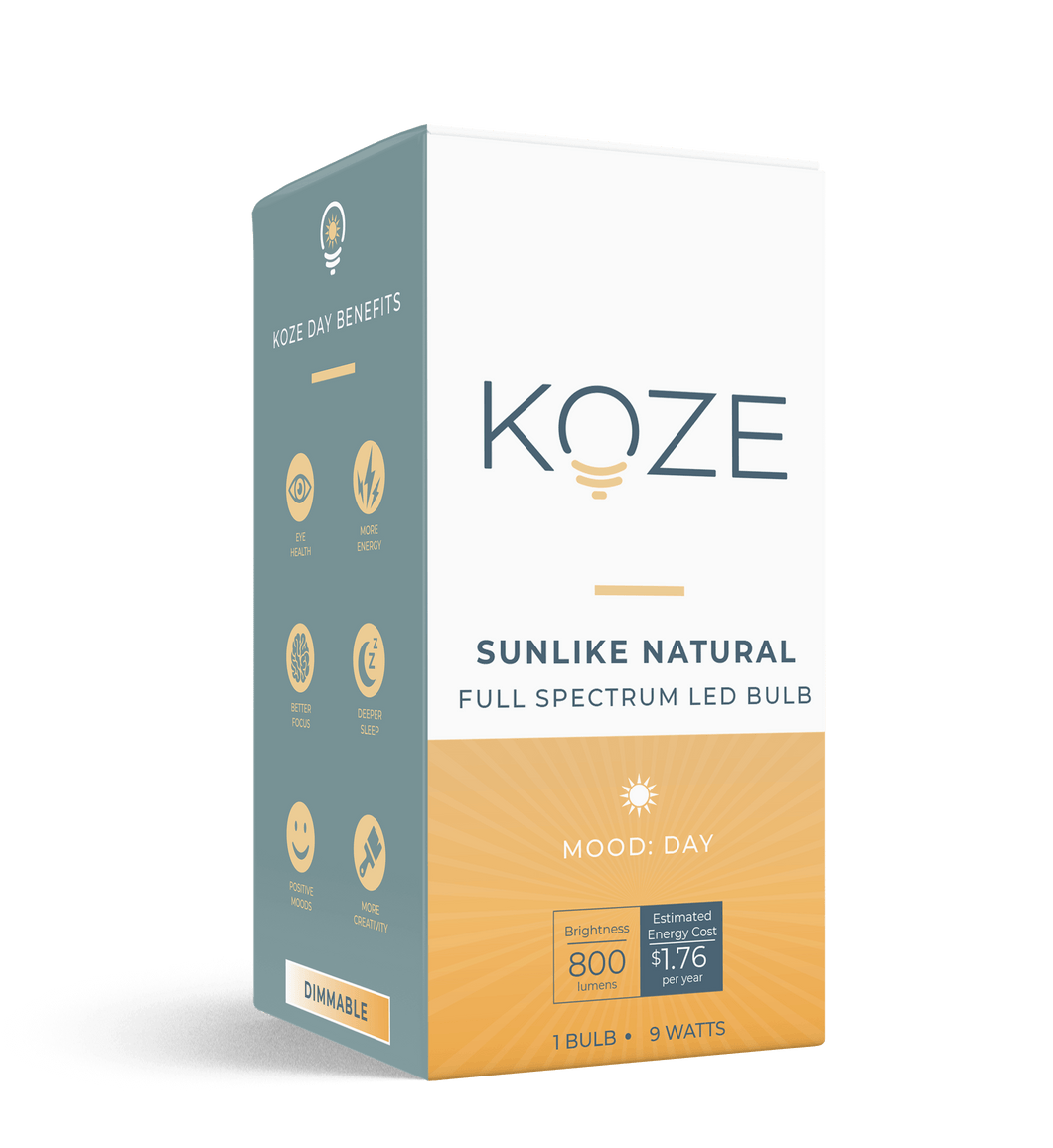 KOZE Full Spectrum LED Bulb packaging highlighting dimmable SunLike technology for natural light without UV.