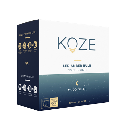 KOZE LED Amber Sleep Bulb packaging, promoting melatonin production and better sleep with NASA-studied technology.