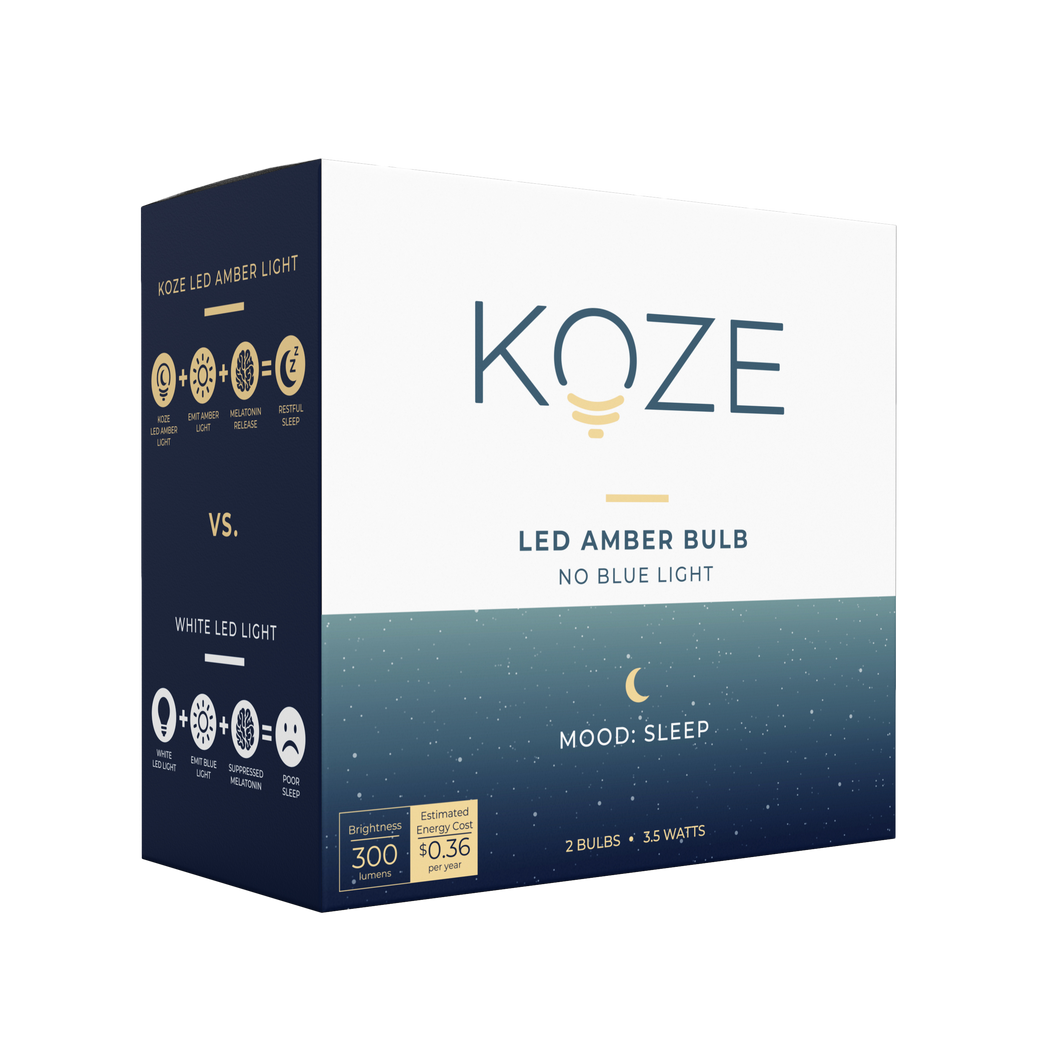 KOZE LED Amber Sleep Bulb packaging, promoting melatonin production and better sleep with NASA-studied technology.